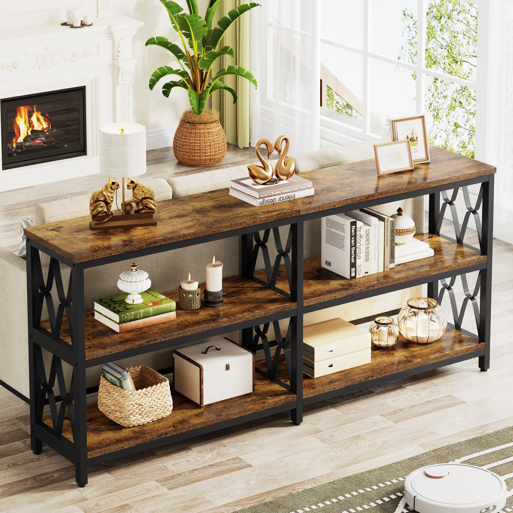 Tribesigns 70.9" Long Console Table with Storage Shelves, Industrial 3-Tier Sofa Table for Living Room, Foyer Table Entryway Table for Hallway, Front Door, Entrance, Rustic Brown & Black - WoodArtSupply