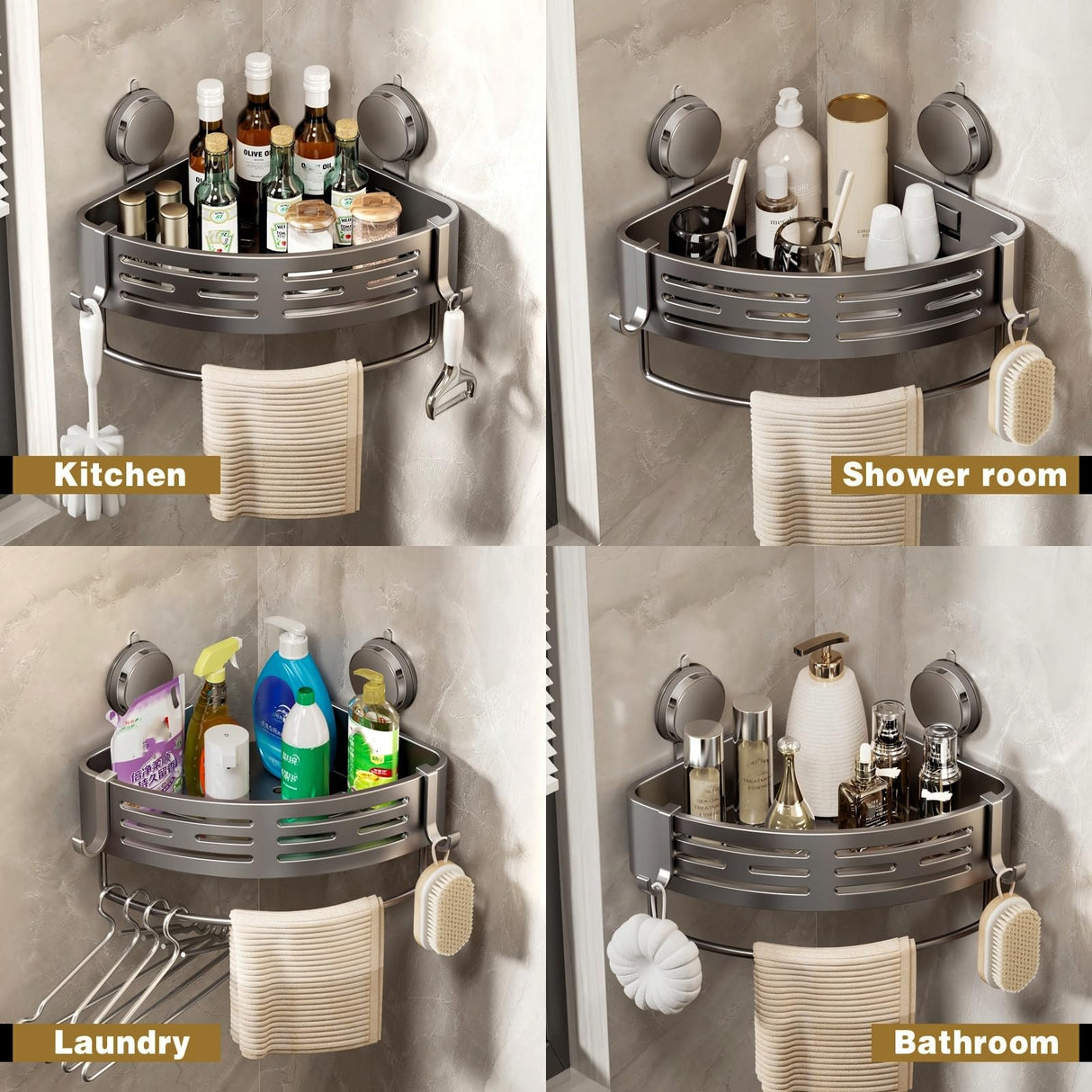 VOLPONE Corner Shower Caddy Suction Cup Shower Shelf Corner No Drilling Bathroom Shower Organizer Storage Rack Adhesive with Towel Bar Hooks (2-Pack, Matte Gray) VOLPONE