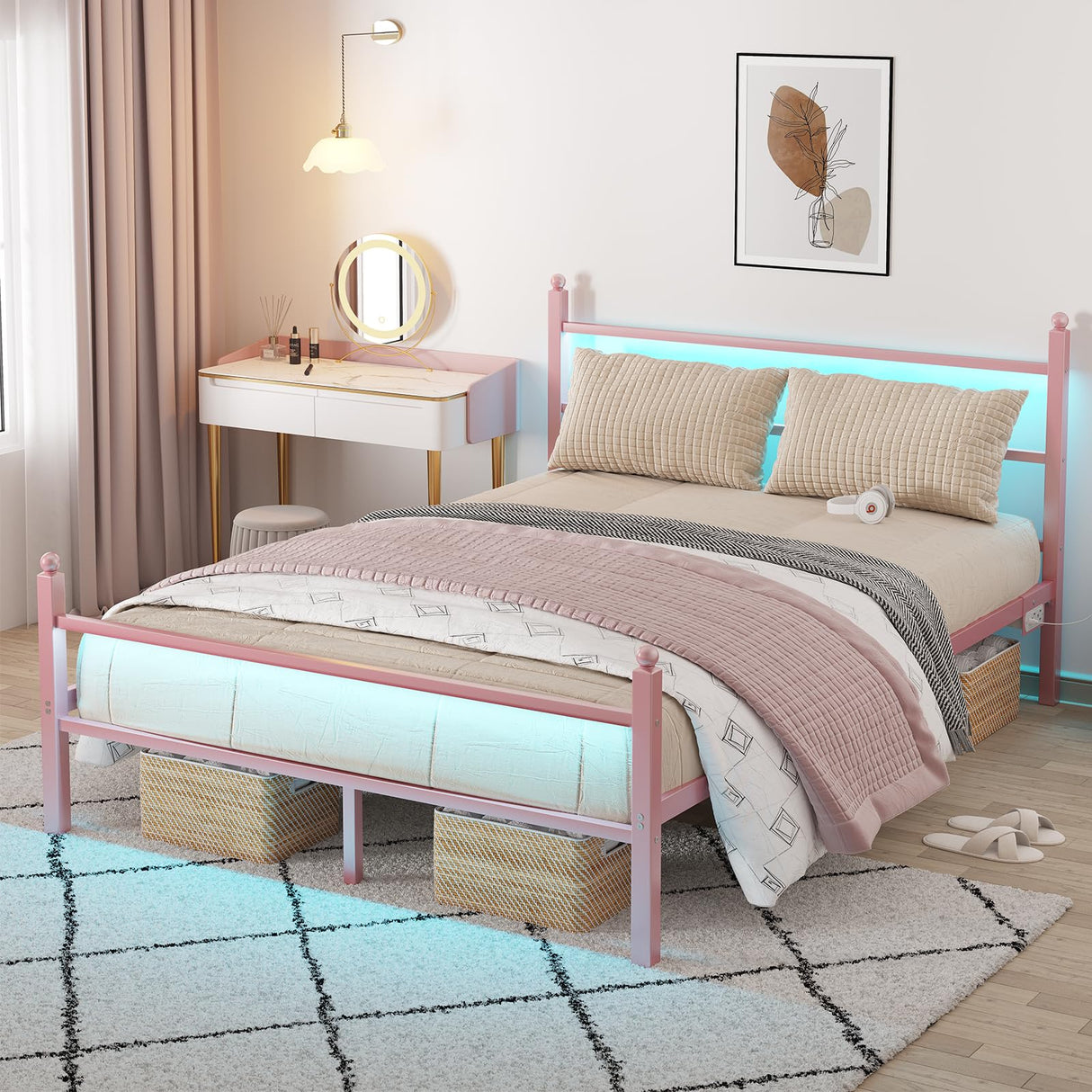 CollaredEagle Queen Bed Frame with Headboard and Footboard,Heavy Duty Steel Slats Support Metal Bed Frame with Charging Station,Pink CollaredEagle