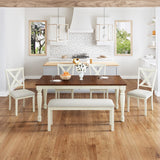 AMERLIFE 6-Piece Farmhouse Dining Table Set with 4 Upholstered Chairs and Bench, 71” Solid Wood Table, Seating for 6, for Dining Room or Kitchen, Rustic White & Walnut Finish AMERLIFE