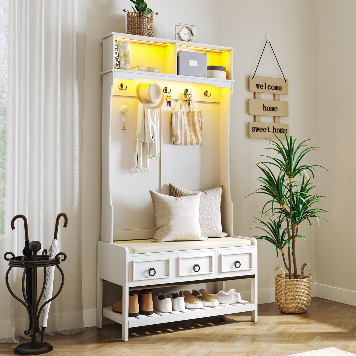 Gurexl 67” Farmhouse Hall Tree with Shoe Storage, Auto Sensor Wood Coat Tree with LED Lights, 3-in-1 Entryway Bench with Coat Rack, Hooks and Drawers for Hallway, Living Room, Bedroom (White) Gurexl