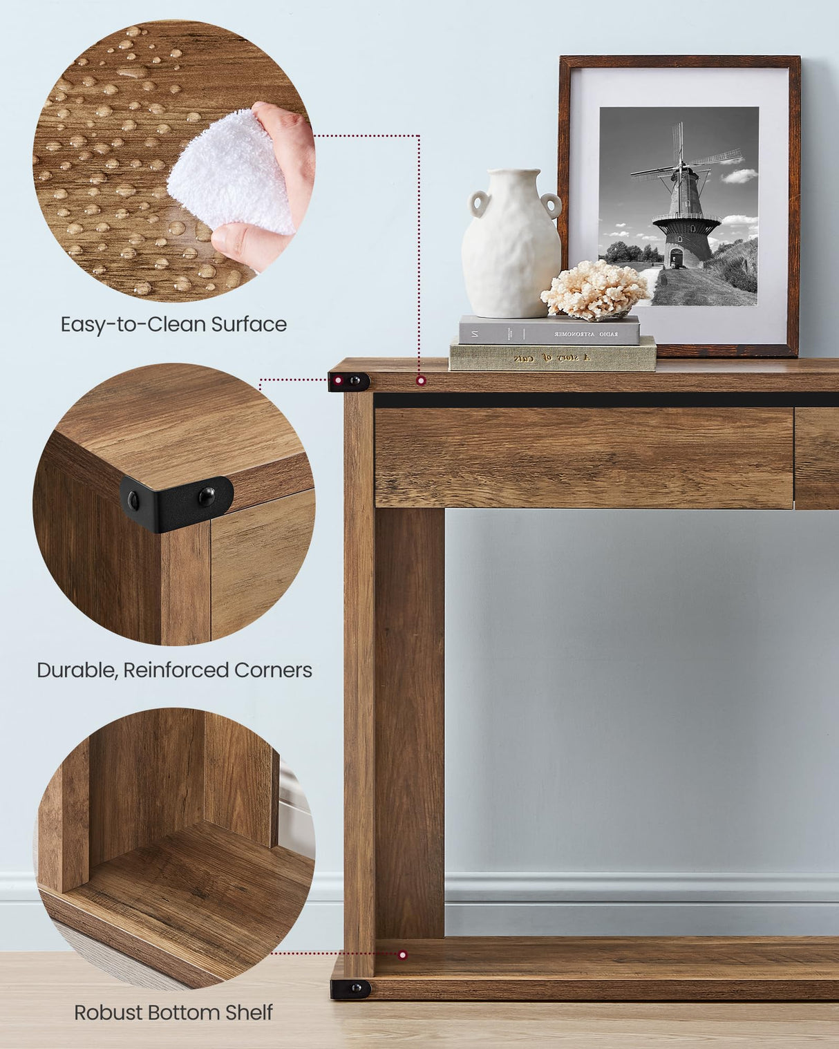 VASAGLE Sofa Console Table, 63 Inches Narrow Entryway Table with 3 Drawers, Bottom Shelf, Metal Corners, for Living Room, Bedroom, Farmhouse Style, Honey Brown ULNT146KB01S VASAGLE