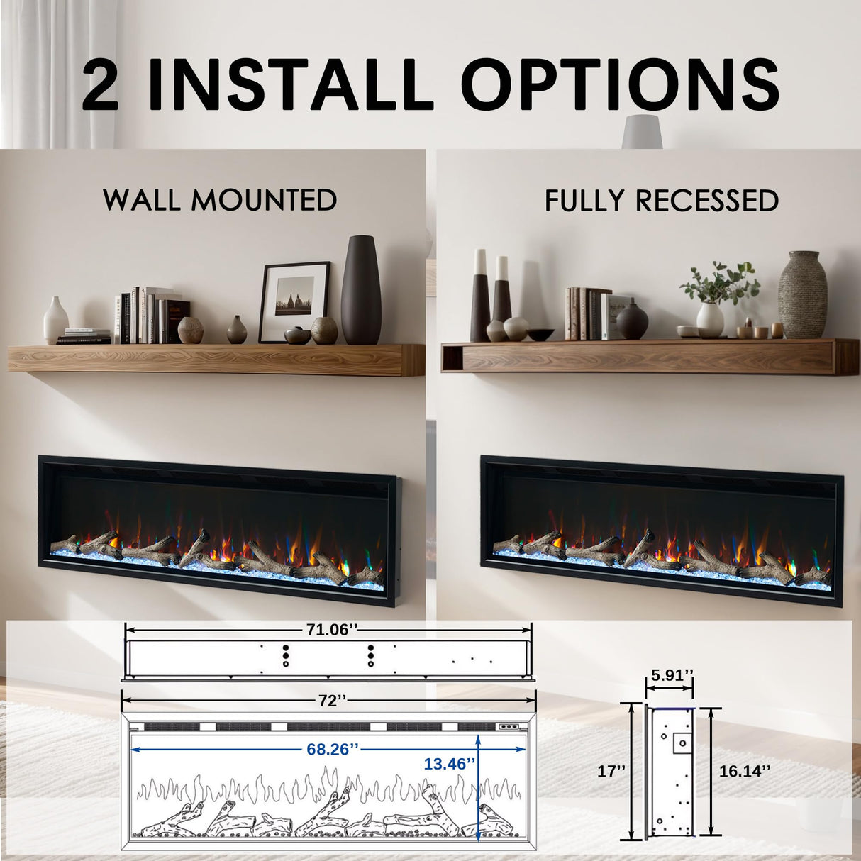 Unineo 72 Inch Electric Fireplace w/Aluminum Frame, Hidden Air Vents Design, Recessed and Wall Mounted Fireplace Heater w/Thermostat, 12×13×5 Realistic Flame, Visual Remote, Log and Crystal, Black Unineo