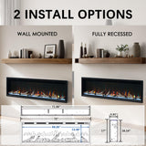 Unineo 72 Inch Electric Fireplace w/Aluminum Frame, Hidden Air Vents Design, Recessed and Wall Mounted Fireplace Heater w/Thermostat, 12×13×5 Realistic Flame, Visual Remote, Log and Crystal, Black Unineo