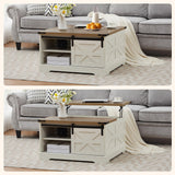 Tltaroni Farmhouse Lift Top Coffee Table, Wood Square Coffee Table with Sliding Barn Door and Adjustable Shelf Rustic Center Table with Hidden Storage Compartment for Living Room, Rustic White Tltaroni