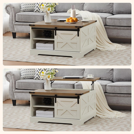 Tltaroni Farmhouse Lift Top Coffee Table, Wood Square Coffee Table with Sliding Barn Door and Adjustable Shelf Rustic Center Table with Hidden Storage Compartment for Living Room, Rustic White Tltaroni