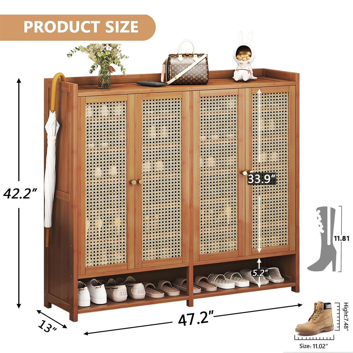 Bamboo Shoe Storage Cabinet with Doors, 8 Tier Freestanding Shoes Heels Sneakers Shoe Rack Shelf for 36-40 Pairs, Entryway Shoe Cabinet with Drawers for Hallway Living Room (Brown-01, 8th floor) sasygfi