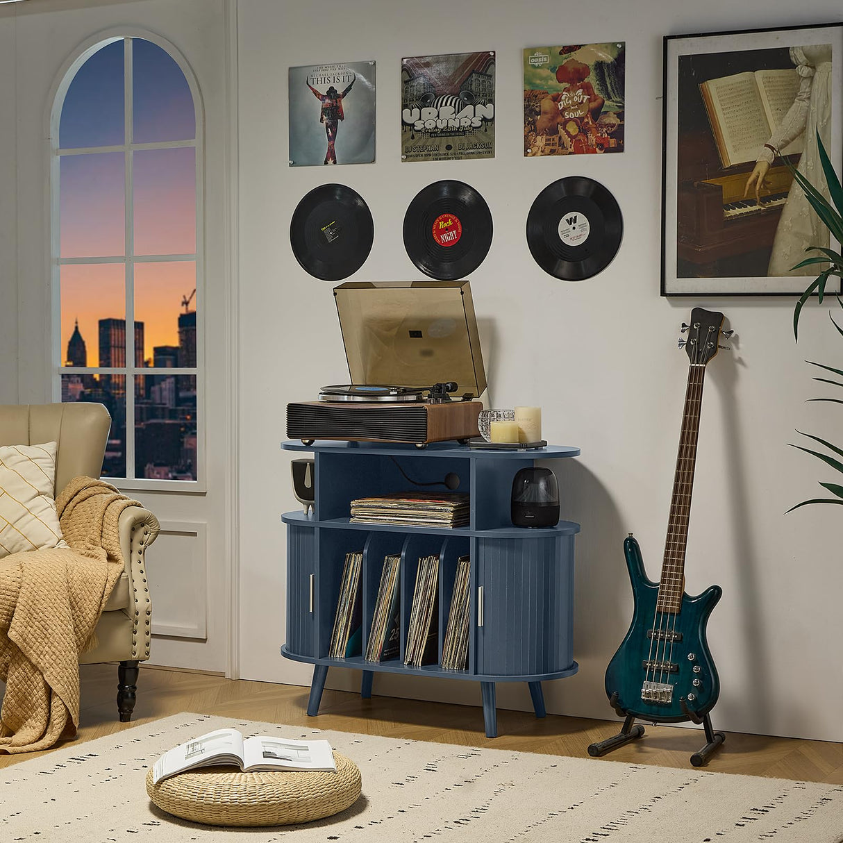 LELELINKY Large Round Record Player Stand with Charging Station & Fluted Display Shelf, Blue Mid Century Modern Turntable Cabinet with Vinyl Storage, Arched Wood Record Player Table for Living Room LELELINKY