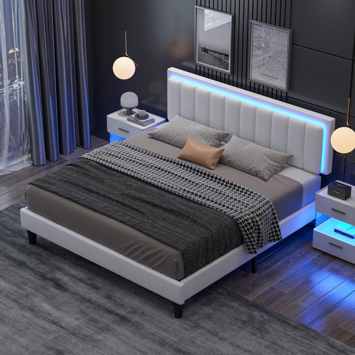 Catrimown Stylish Full Size Platform Bed Frame with LED Lights and Adjustable Upholstered Headboard - WoodArtSupply