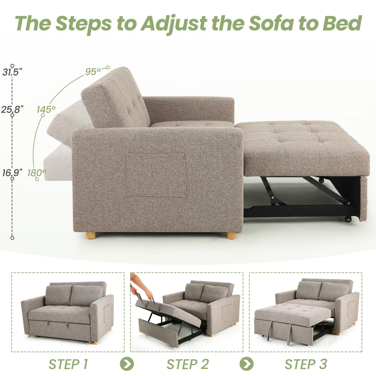 SEJOV 3-in-1 Convertible Sofa Bed, Linen Fabric Sleeper Couch Pull Out Bed, 49" 2-Seater Loveseat Futon Sofa with Spring Support, Adjustable Backrest and Pillows for Small Spaces, Living Room SEJOV