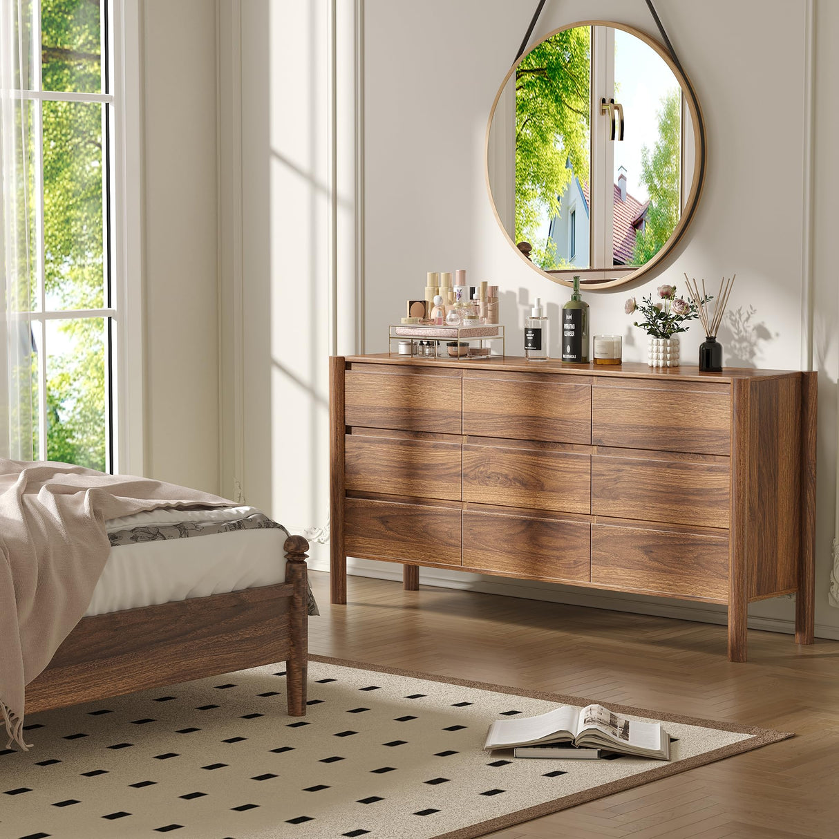 CHUWELL Walnut Dresser for Bedroom, 63" Wide Mid Century Modern Chest of Drawers with 9 Large Storage Space and 4 Solid Wood Cylindrical Legs, 9 Drawer Large Dresser for Bedroom(Walnut) CHUWELL