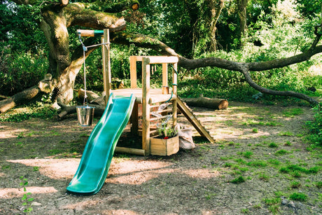 Plum Discovery Wooden Outdoor Playset, Toddler Slide, Playground Sets For Backyards, Kids Yard Play Equipment with Painting Easel, Bucket, Built-In Planter Box, Climbing Wall, Weatherproof, Age 3+ Yrs Plum
