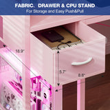 Grandder Gaming Desk 40 Inch with Power Outlet and LED Light, Computer Desk with Reversible Shelves and Storage Drawer, Pc Small Desk for Home Office Table with Bag, Carbon Fiber Pink Grandder