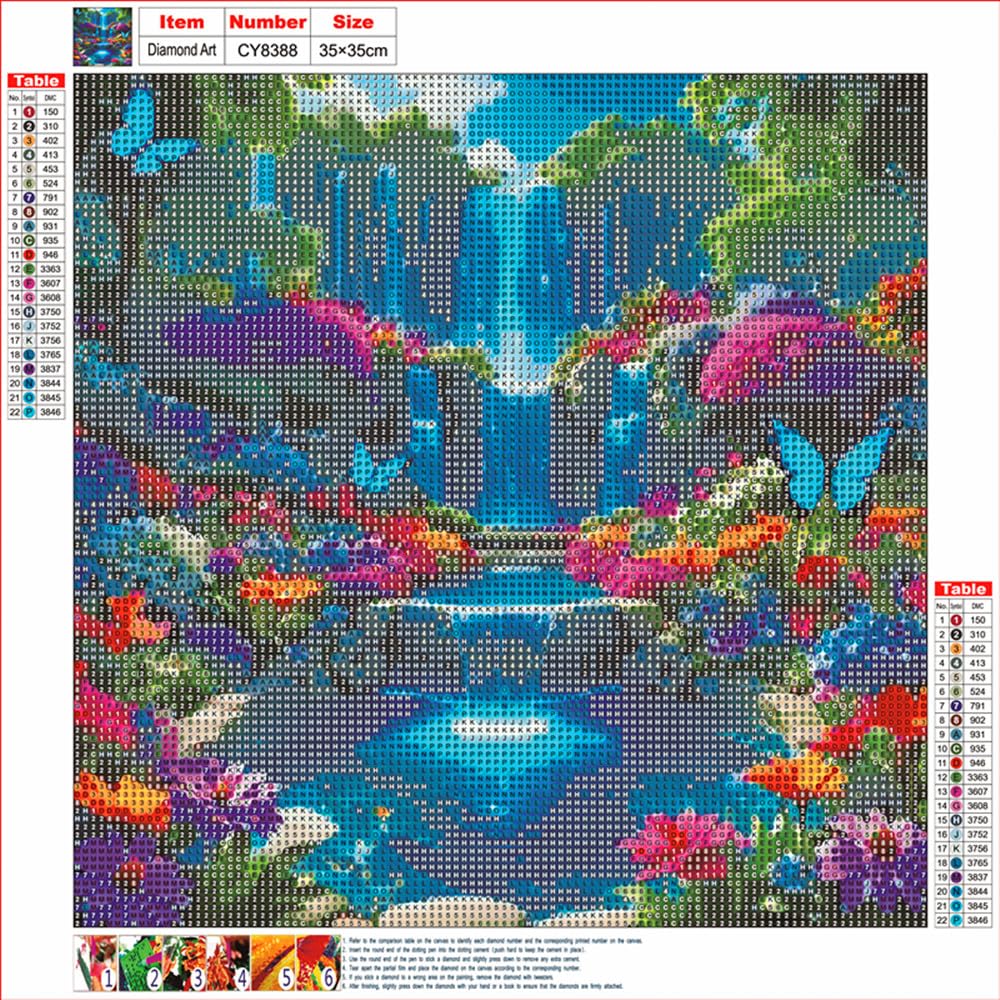 MMAHD 5D Diamond Painting Kit, Enchanted Waterfall Garden with Blue Butterflies, Full Drill Crystal Rhinestone Embroidery Art, Nature Scene (Landscape) MMAHD