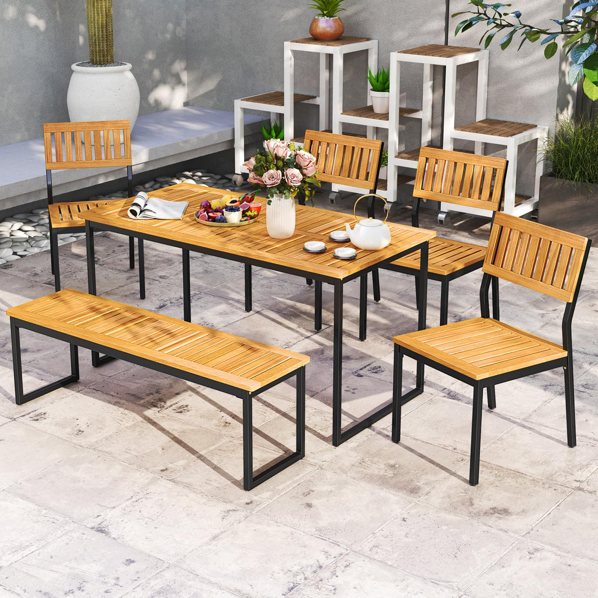 Tangkula 6 Pieces Outdoor Acacia Wood Dining Set, Patio Table and Chairs Set with Bench and 2” Umbrella Hole, Outdoor Patio Dining Furniture Set for Lawn, Garden, Poolside, Backyard Tangkula