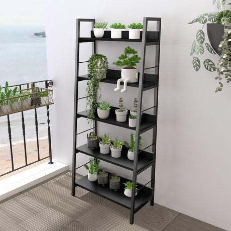 Himimi Black Ladder Bookshelf, 5 Shelf Bookcase Industrial Bookshelf Wood and Metal Bookshelves, Plant Flower Stand Rack Book Storage Shelves for Living Room, Bedroom, Home Office (2 PCS) Himimi