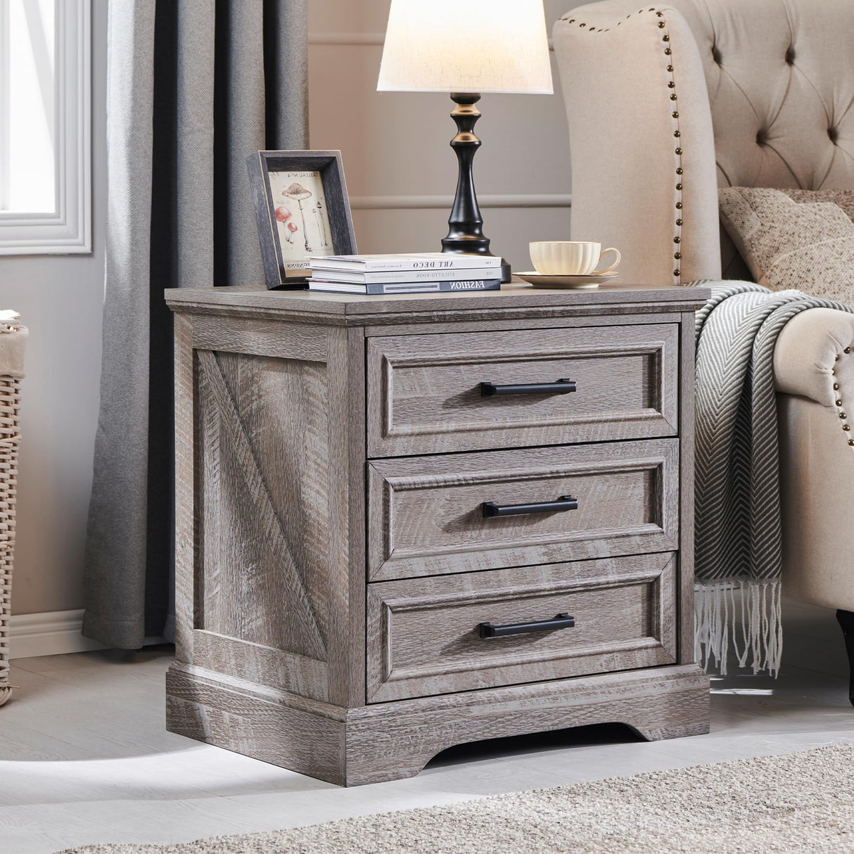 ACCOHOHO Farmhouse Nightstand with Charging Station, 22 Inch Wide End Table with 3 Large Drawers & Bar Handles, Rustic Wood Small Dresser Chest of Drawers for Bedroom, Living Room, Closet, Grey ACCOHOHO
