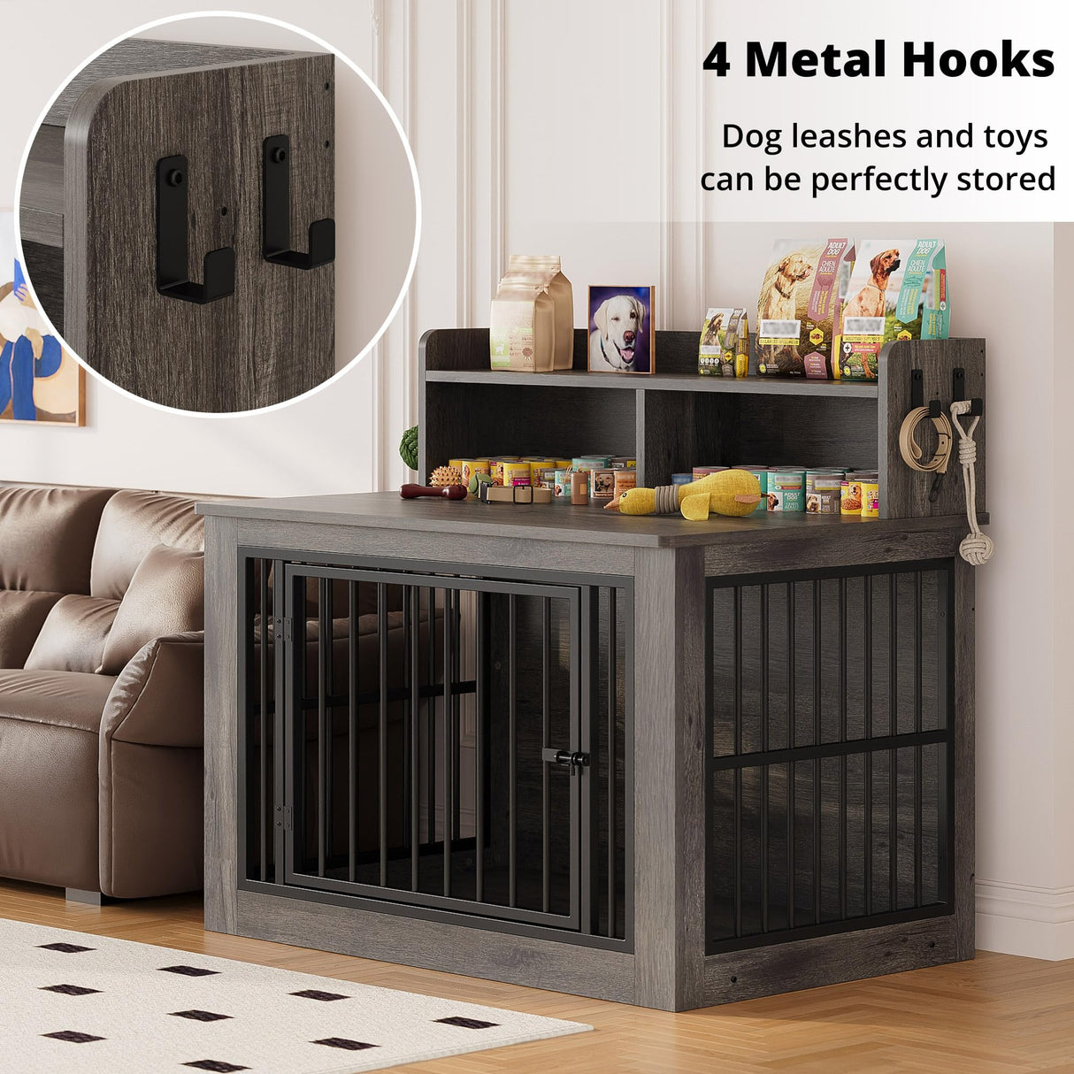 IRONCK Extra Large Dog Crate Furniture, 43.3 inches Wooden Dog Crate with Storage and 4 Hooks, Heavy Duty Pet Crate for Large Dog, Decorative Pet Cage for Indoor (30" L x 43.3" W x 41.1" H) IRONCK