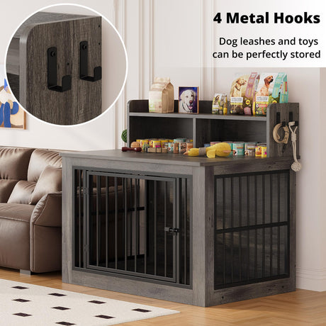 IRONCK Extra Large Dog Crate Furniture, 43.3 inches Wooden Dog Crate with Storage and 4 Hooks, Heavy Duty Pet Crate for Large Dog, Decorative Pet Cage for Indoor (30" L x 43.3" W x 41.1" H) IRONCK