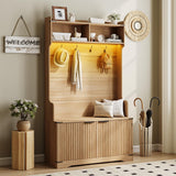 Maupvit 67" Entry Way Coat and Shoe Rack, 5-in-1 Hall Tree with Bench and Shoe Storage, Adjustable LED Sensor Light, Wood Coat Tree with Seat Stool & Hooks for Hallway, Mudroom, Light Walnut Maupvit