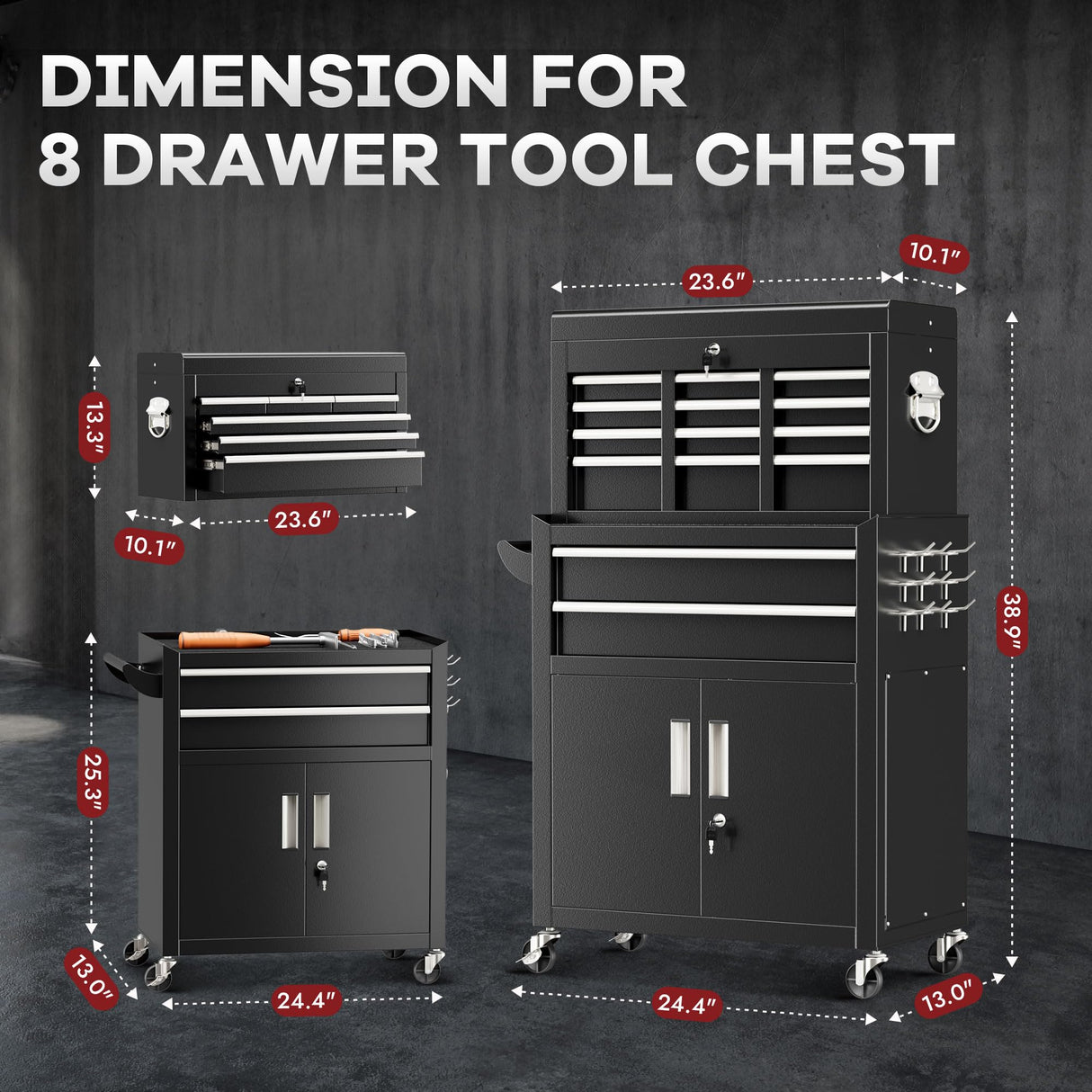 Bonusall 8 Drawer Rolling Tool Chest and Cabinet Combo,Heavy-Duty Metal Garage Tool Chest with Wheels and 2 Doors,2-in-1 Top Box and Roller Cabinet Combo for Garage, Workshop, Warehouse-Black Bonusall