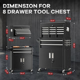 Bonusall 8 Drawer Rolling Tool Chest and Cabinet Combo,Heavy-Duty Metal Garage Tool Chest with Wheels and 2 Doors,2-in-1 Top Box and Roller Cabinet Combo for Garage, Workshop, Warehouse-Black Bonusall