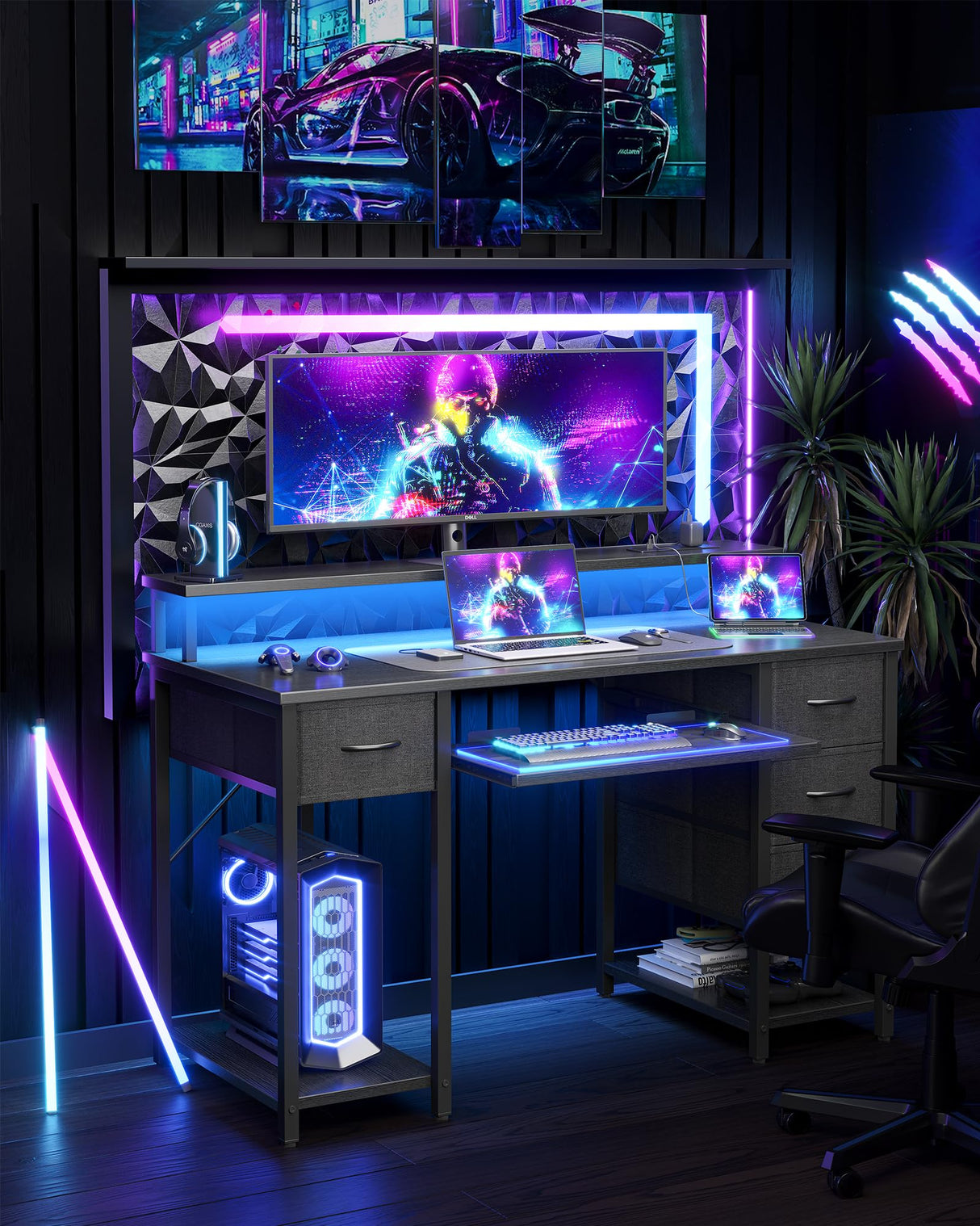 TIQLAB Computer Desk with Drawers and Power Outlets, 47 Inch Gaming Desk with LED Lights, Home Office Desk with Monitor Stand and Keyboard Tray, Study Writing Work Desk for Home Office, Black TIQLAB