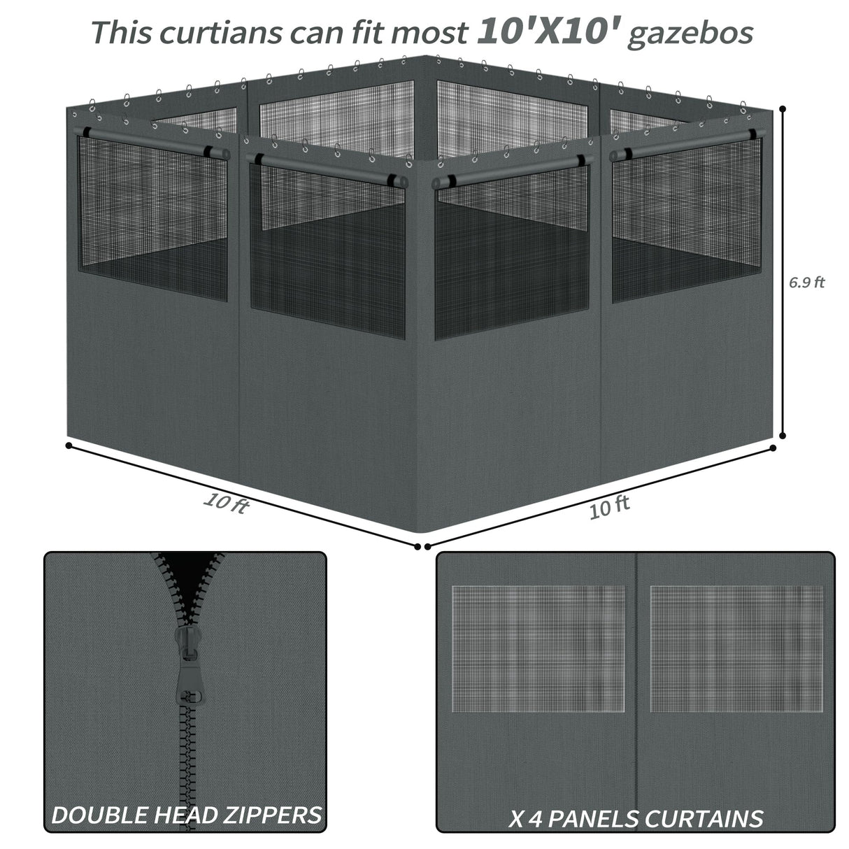 aonear Gazebo Privacy Curtains 10' x 10' with Mosquito Windows, 4-Panels Side Wall with Zipper Universal Replacement for Patio, Outdoor Canopy, Garden and Backyard, Gray (Curtain Only) aonear