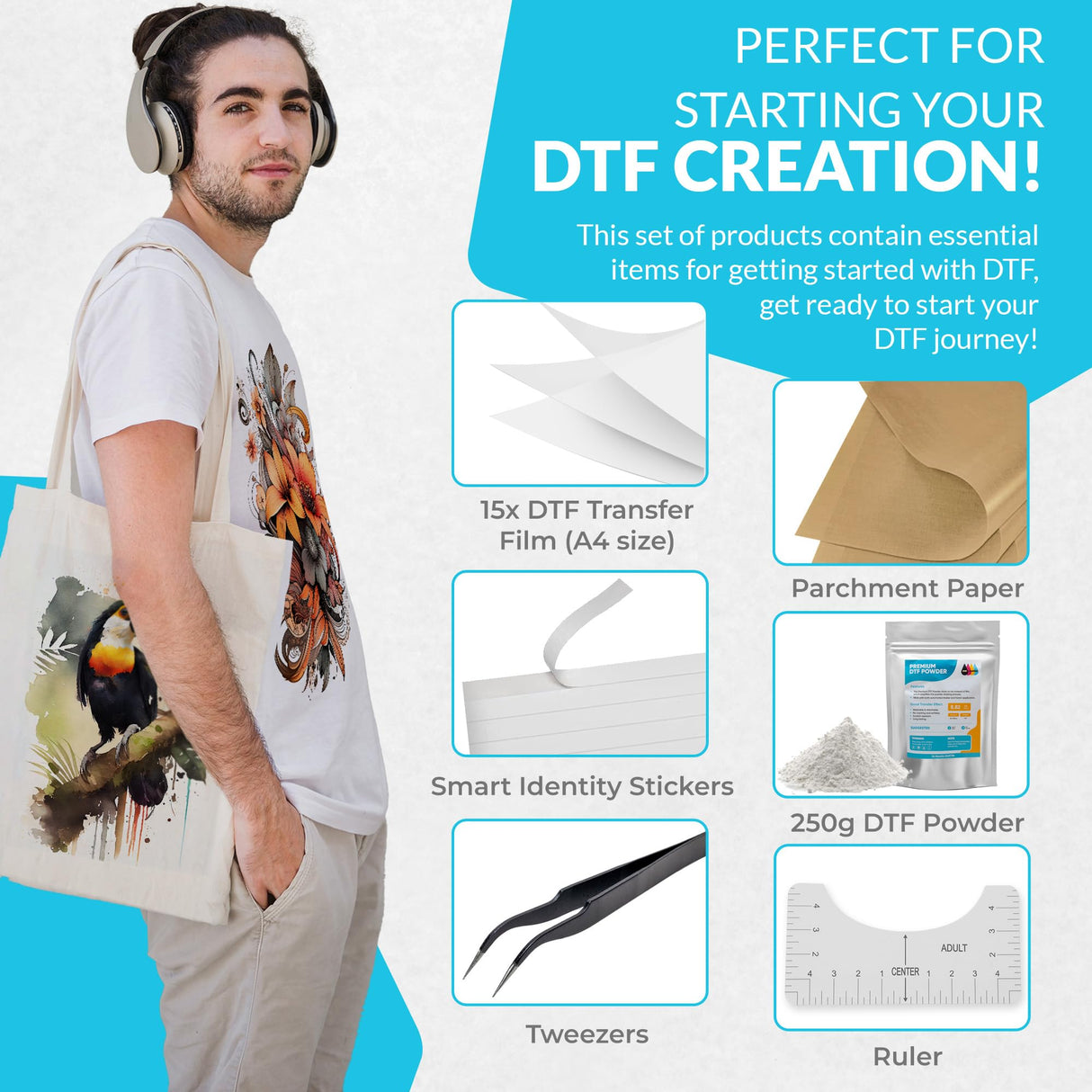 DTF Transfer Powder Film Kit for DTF Sublimation Printer,All-in-1 DTF Starter Kit- 8.8oz White Digital Hot Melt Adhesive &15 Direct to Film Pretreat Iron-on Transfer Paper Fabric INKCREDIBLE