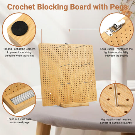 Aulin 15.5"" x 15.5"" Foldable Crochet Blocking Board with Pegs | 35 Stainless Steel Rod Pins - Upgrade Large Blocking Boards for Crochet Projects, Gifts for Crocheters, Mothers, Grandmothers Aulin