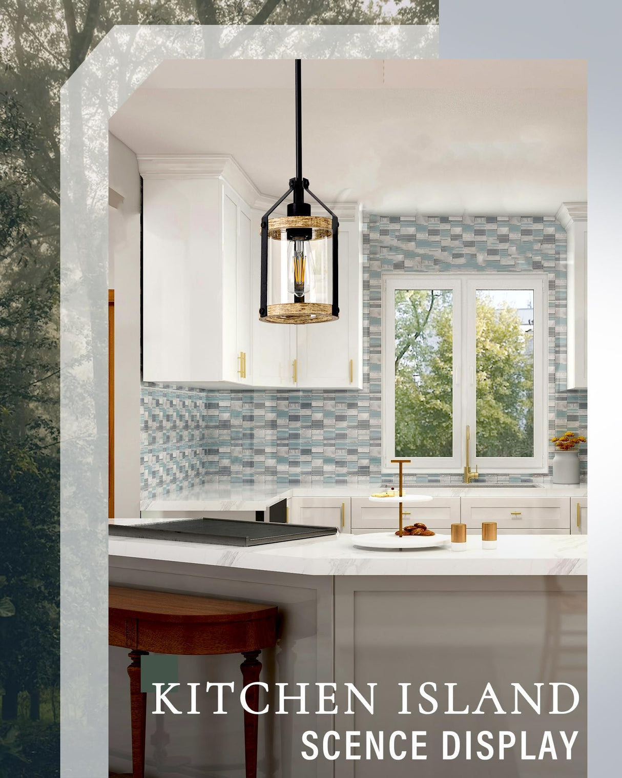 HANASS Farmhouse Pendant Light Fixtures, Wood and Glass Pendant Lighting for Kitchen Island, Rustic Hanging Lights MD89418-B HANASS