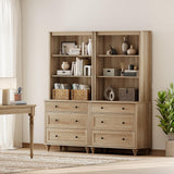 WAMPAT 3 Tier Bookshelf with 3 Drawers, 72" Tall Bookcase Large Farmhouse Display Book Case Shelf with 3-Tier Open Book Shelfs，Library Wood Bookshelves for Living Room,Kitchen, Oak(2PCS) WAMPAT