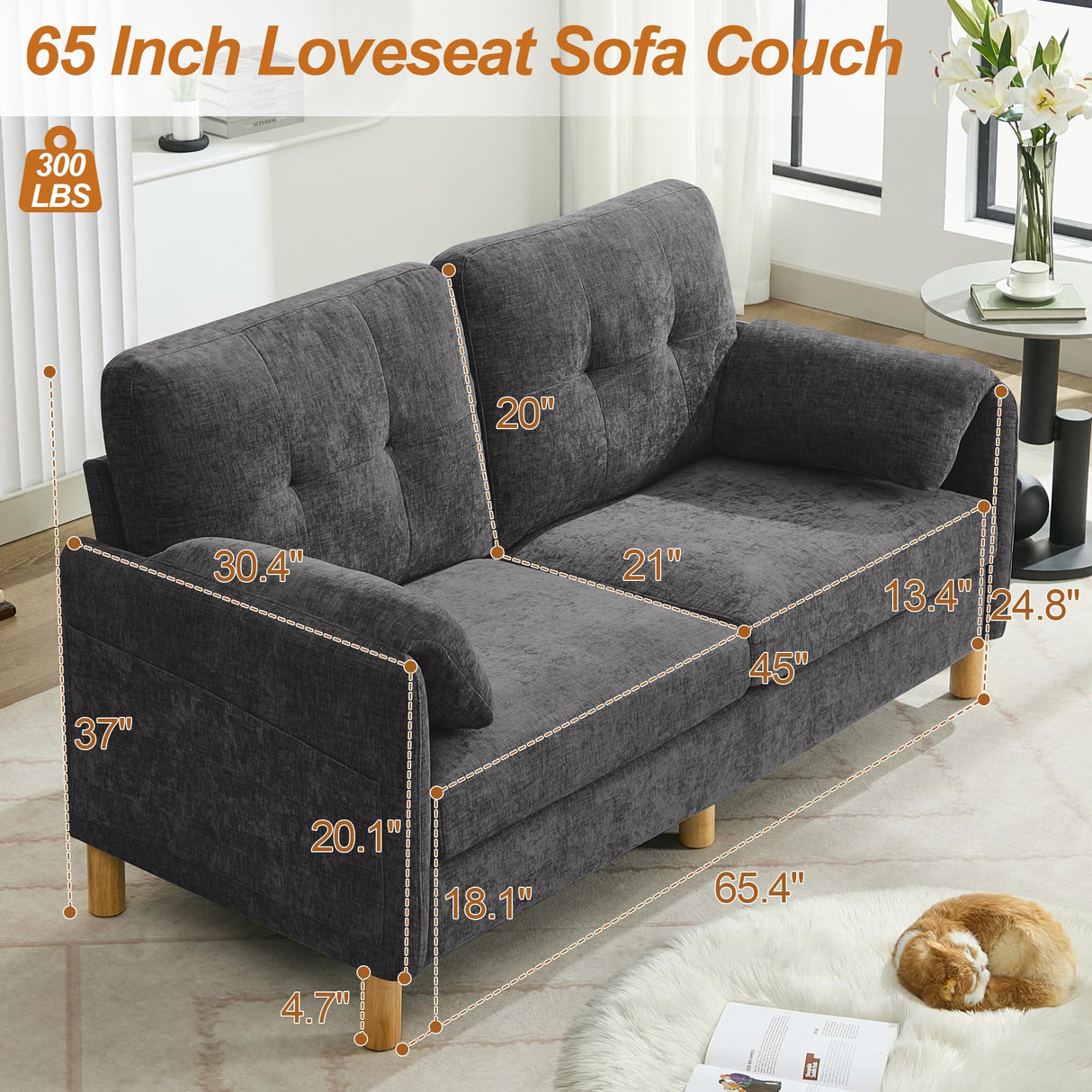 WUTUTUEE 65" Chenille Loveseat Sofa, Modern 2-Seater Love Seat Couch with Armrest Pillows, Storage Pockets, Easy Assembly, Upholstered Tufted Loveseat Couches for Living Room Bedroom, Dark Grey WUTUTUEE