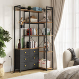 AFLUI Corner Bookshelf with LED Lights & 6 Fabric Drawers, 5-Tier Industrial L-Shaped Bookcase with Acrylic Display Shelf for Living Room, Office AFLUI