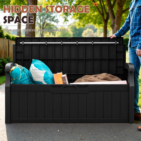 JUMMICO 80 Gallon Resin Outdoor Storage Bench, Large Deck Box with Armrest, Lockable & Waterproof for Garden, Home, Patio, Pools (Black) JUMMICO