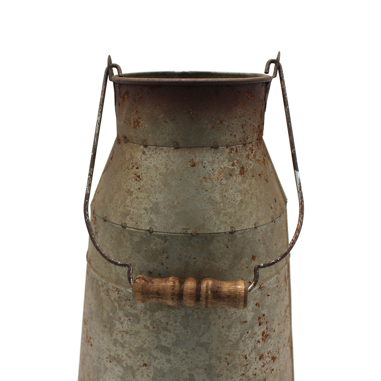 CVHOMEDECO. 10 Inch Galvanized Metal Milk Can with Wooden Handle, Old Rustic Farmhouse Pitcher Jug Vase for Home and Garden Décor. Grey CVHOMEDECO.