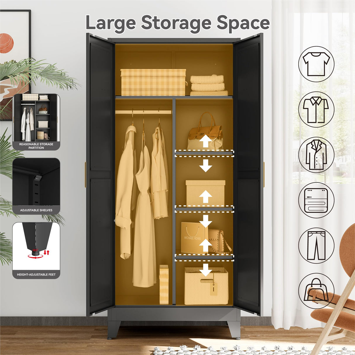 Metal Combination Cabinet, Black Wardrobe Closet Cabinets with Doors and Shelves, 71" Farmhouse Bedroom Armoire Closet with Hanging Rod and Clothing Shelf, White Steel Wardrobe Cabinet for Bedroom Bevivog