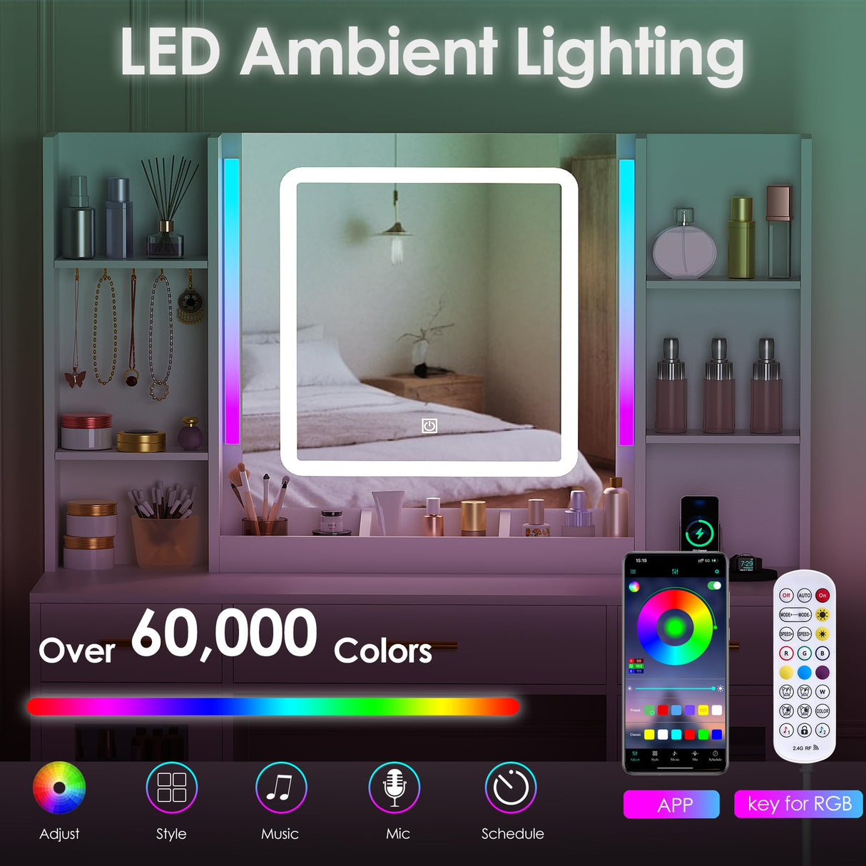 ANWBROAD Vanity Desk with Mirror and Lights 3 Colors 43.3" Makeup Vanity with RGB Lights and Power Strip Large Vanity Set with 3 Drawers 2 Cabinets White Dressing Table Stool for Women Bedroom UBDT78W ANWBROAD