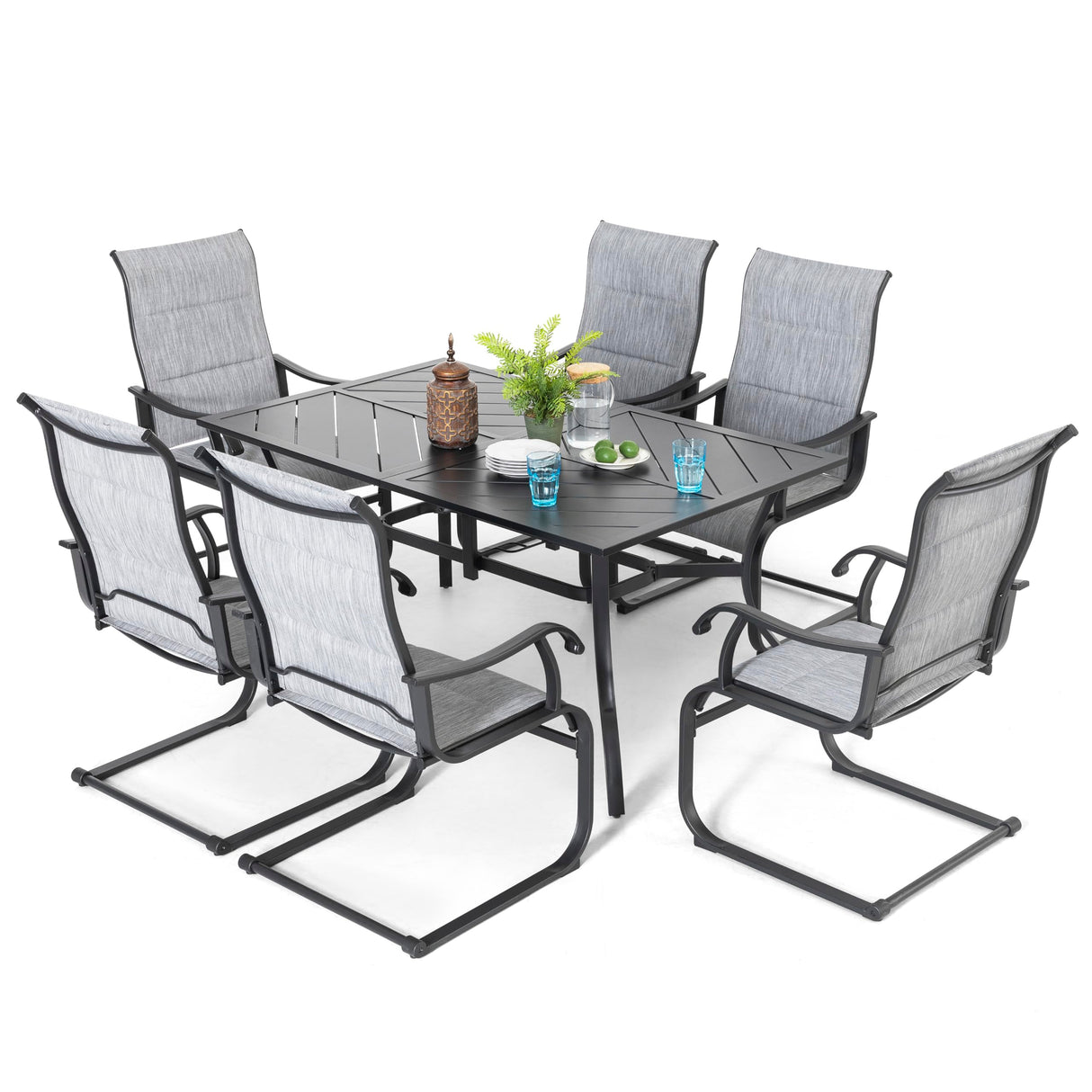 NUU GARDEN 7 Piece Outdoor Dining Set, 6 All Weather Padded Textilene Patio Chairs and 61" Rectangular Dining Table with 1.77" Umbrella Hole, for Garden, Patio, Light Grey and Black NUU GARDEN