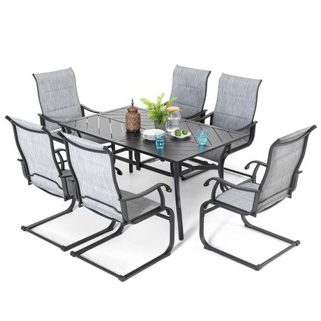 NUU GARDEN 7 Piece Outdoor Dining Set, 6 All Weather Padded Textilene Patio Chairs and 61" Rectangular Dining Table with 1.77" Umbrella Hole, for Garden, Patio, Light Grey and Black NUU GARDEN