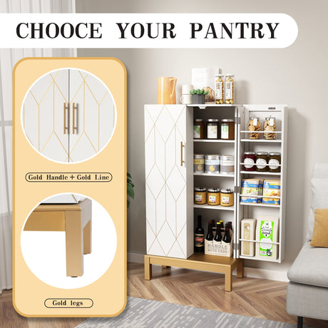 HOLTICO 45'' Storage Cabinet with Doors and Adjustable Shelves,Food Pantry Cabinet for Kitchen,Dining Room,Living Room and Garage,Gold Lines and Legs, White. HOLTICO
