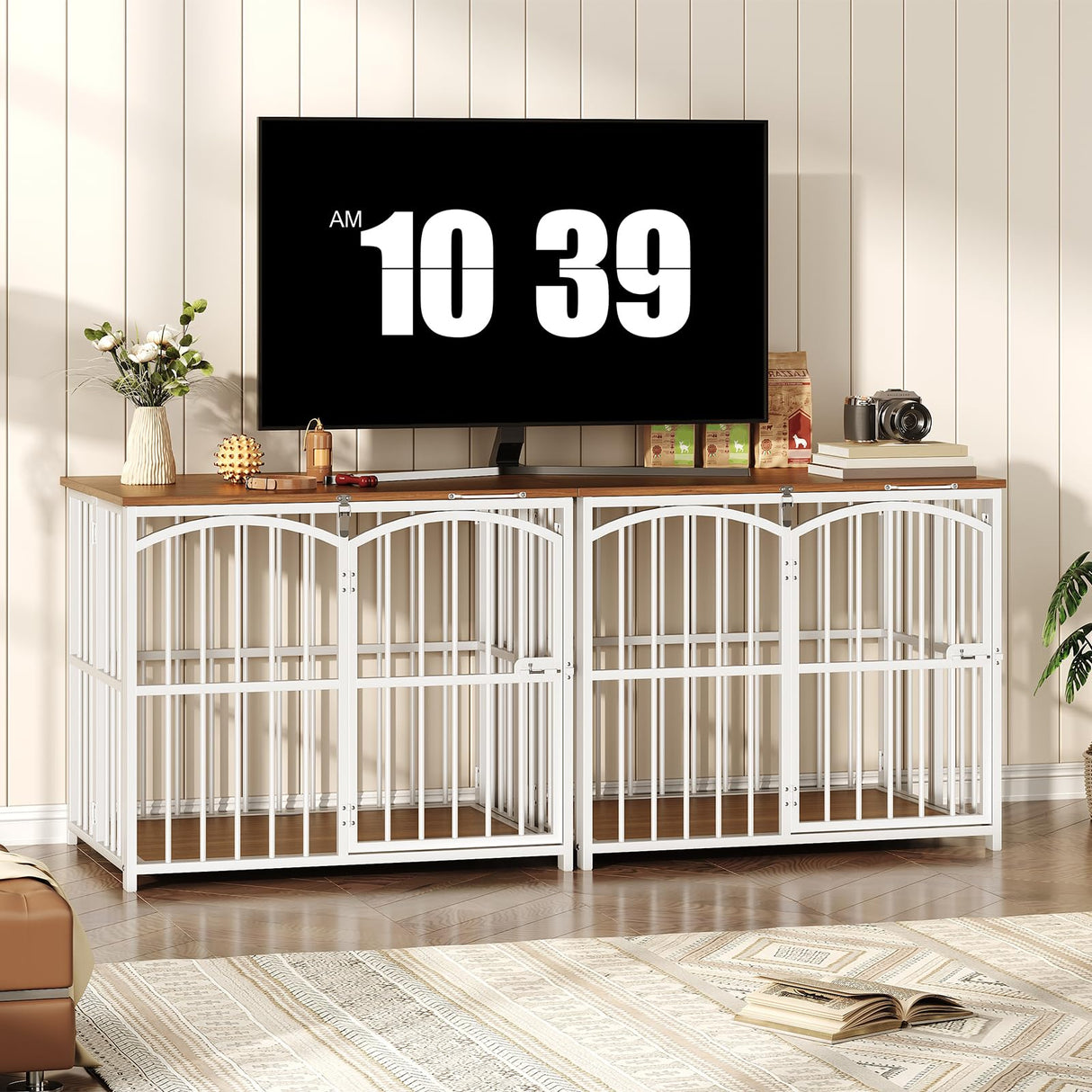 HOOBRO Foldable Dog Crate Furniture, 31.5" Indoor Dog Kennel No Assembly, Wooden Dog Cage Decorative Side End Table, for Medium Small Dogs, White and Walnut WH86GW03 HOOBRO