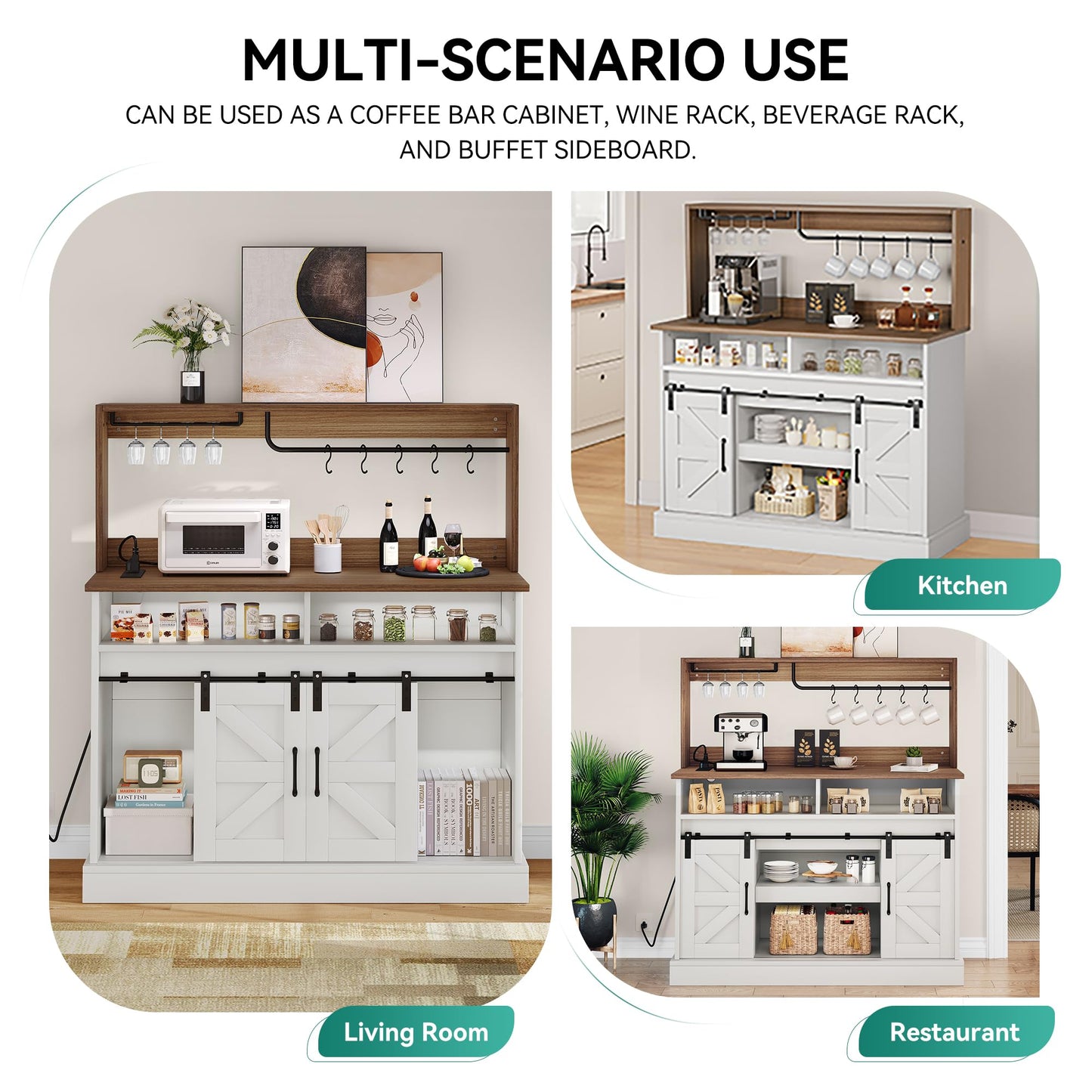 YITAHOME Farmhouse Buffet Cabinets with Storage, 47" Coffee Bar with Goblet Holder & Power Outlet, Sideboard Cabinets with Sliding Barn Doors for Kitchen, Living Room (White + Walnut)