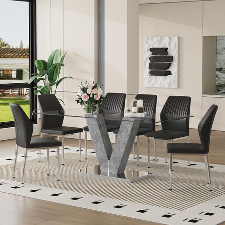 Rejeke 71" Glass Dining Table Set for 6, 7-Piece Dining Table Set with Chairs & Rounded-Corner Tempered GlassTabletop, Glass Kitchen Tables and Chairs Sets for 6 Ideal for Kitchen Dining Room Rejeke