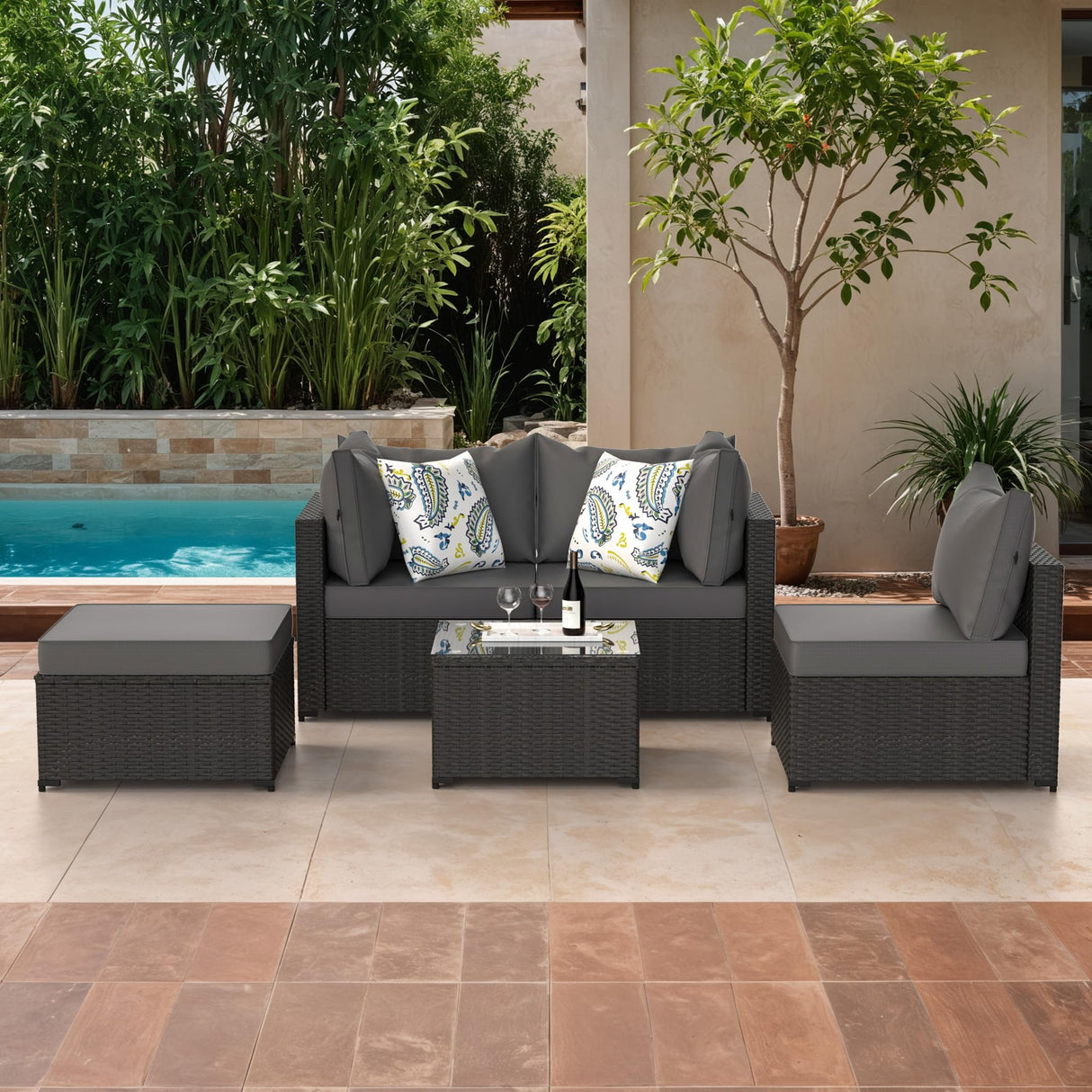 GOJOOASIS Patio Furniture Set Outdoor Sectional Sofa with Ottoman Wicker Couch Rattan Modular Seating Conversation Sets Porch Decor for Backyard, Balcony, Garden (Grey) GOJOOASIS