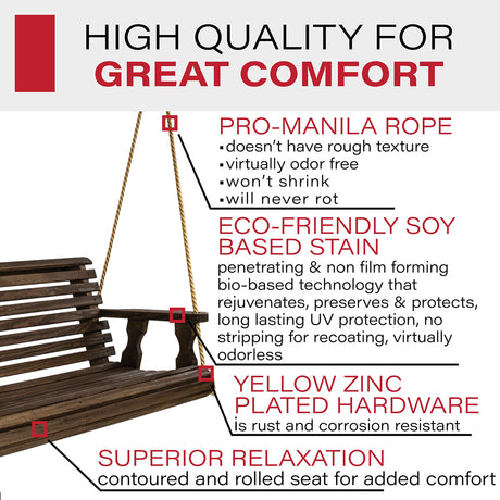 Amish Casual Heavy Duty 800 Lb Roll Back Treated Porch Swing with Hanging Ropes (5 Foot, Dark Walnut Stain) Amish Casual