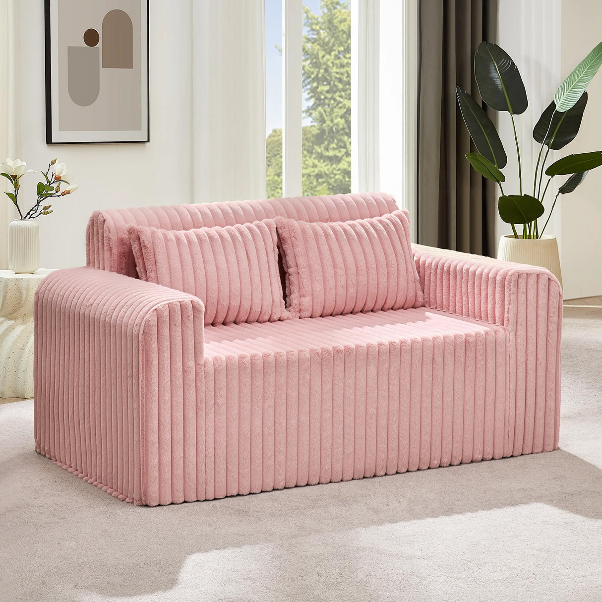 Hobestluk Couch Sofa 2-Seater Foam Sofa Loveseat for Small Spaces Comfy Sofas with Removable Cover Furry Couch with Pillows for Living Room, Bedroom, Apartment, Office (Pink, Loveseat) Hobestluk