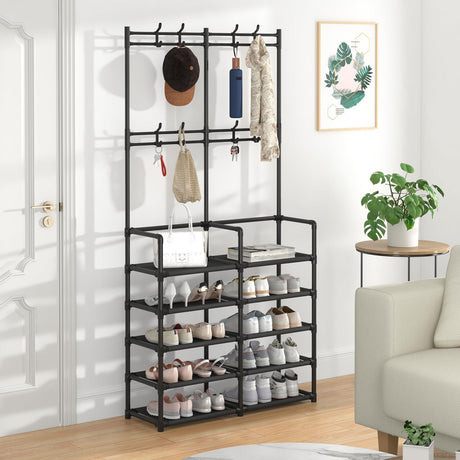Laiensia 5-Tier Entryway Coat Rack, Coat and Shoe Rack, Entryway Bench Storage Organizer with 8 Hooks for Bedroom, Hallway, Office, Black Laiensia