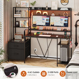 UPOSOJA Gaming Desk with Hutch, 65in Reversible Computer Desk with Power Outlets LED Light, Home Office Desk with Monitor Stand 2 Drawers 4 Storage Shelves Pegboard 8 Hooks Mouse Pad (Black) UPOSOJA