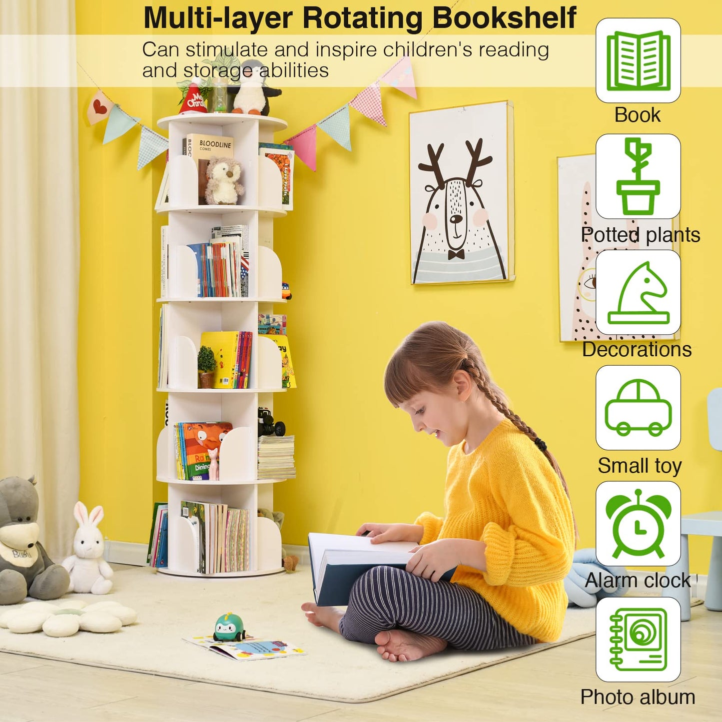 LEATOVOP 360° Rotating 5-Tier Bookshelf - Multi-Functional Storage Rack for Home & Kids - WoodArtSupply